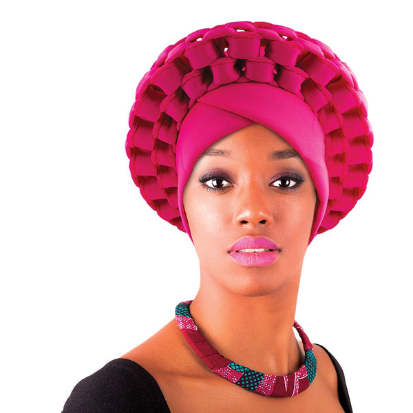 Beauty Town Aso Oke Auto Gele Headtie Hot Pink Stretch Head Turban