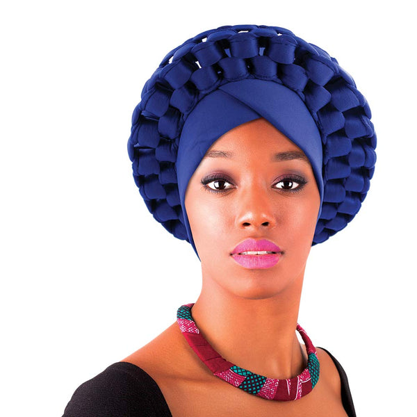 Beauty Town Aso Oke Auto Gele Headtie Royal Blue Stretch Head Turban