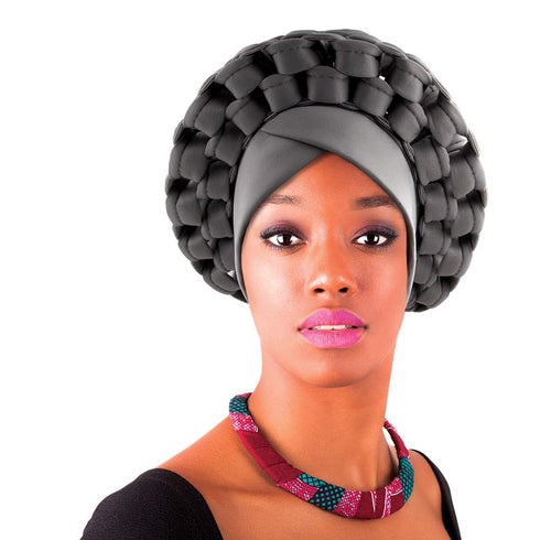 Beauty Town Aso Oke Auto Gele Headtie Grey Stretch Head Turban